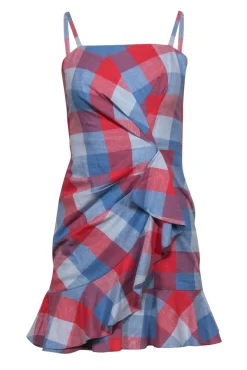 Parker - Blue & Red Checkered Sleeveless Ruffled Sheath Dress Sz 0