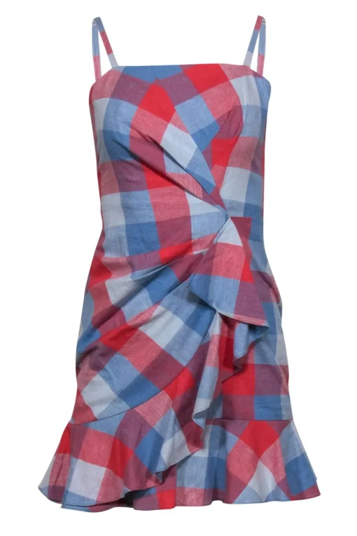 Parker - Blue & Red Checkered Sleeveless Ruffled Sheath Dress Sz 0