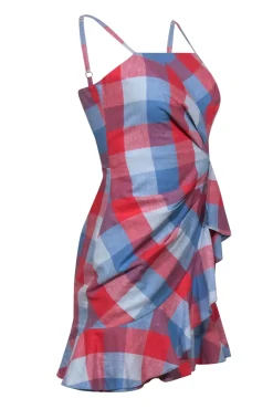 Parker - Blue & Red Checkered Sleeveless Ruffled Sheath Dress Sz 0