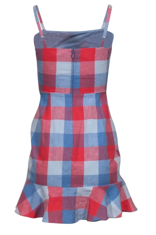 Parker - Blue & Red Checkered Sleeveless Ruffled Sheath Dress Sz 0