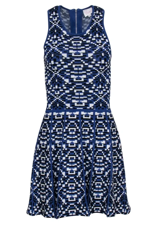 Parker - Blue & White Abstract Geometric Pattern Mini Dress Sz S