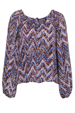 Parker - Blue, Brown, & Tan Chevron Silk Long Sleeve Peasant Blouse Sz XS