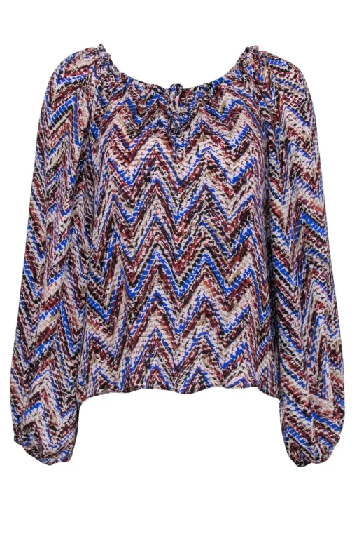 Parker - Blue, Brown, & Tan Chevron Silk Long Sleeve Peasant Blouse Sz XS