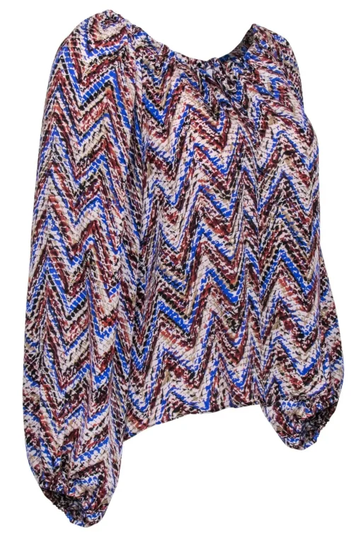 Parker - Blue, Brown, & Tan Chevron Silk Long Sleeve Peasant Blouse Sz XS