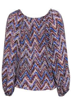 Parker - Blue, Brown, & Tan Chevron Silk Long Sleeve Peasant Blouse Sz XS