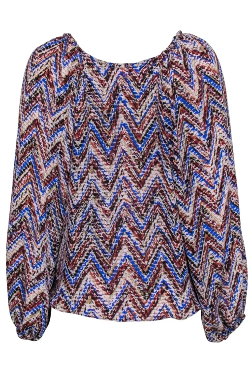 Parker - Blue, Brown, & Tan Chevron Silk Long Sleeve Peasant Blouse Sz XS