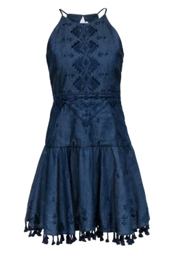 Parker - Blue Chambray Embroidered Trim Sleeveless Dress Sz XS