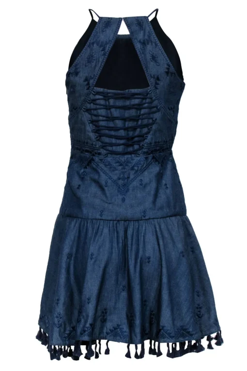 Parker - Blue Chambray Embroidered Trim Sleeveless Dress Sz XS