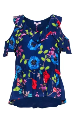 Parker - Blue Ruffle Sleeveless Blouse w/ Floral Pattern Sz S