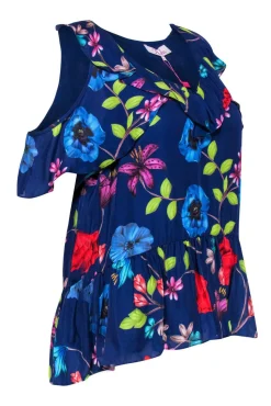 Parker - Blue Ruffle Sleeveless Blouse w/ Floral Pattern Sz S