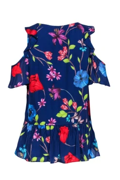 Parker - Blue Ruffle Sleeveless Blouse w/ Floral Pattern Sz S
