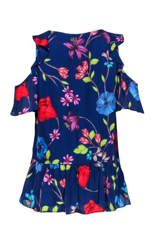 Parker - Blue Ruffle Sleeveless Blouse w/ Floral Pattern Sz S