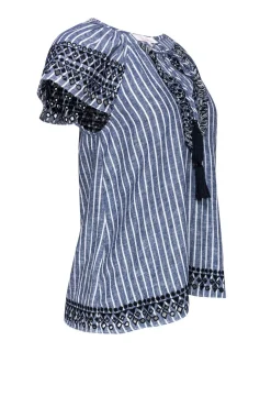 Parker - Chambray & White Linen Embroidered Blouse Sz XS