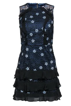 Parker - Navy, Light Blue & Black Star Lace Ruffled Sheath Dress Sz 0