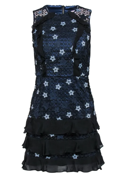 Parker - Navy, Light Blue & Black Star Lace Ruffled Sheath Dress Sz 0