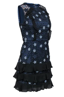 Parker - Navy, Light Blue & Black Star Lace Ruffled Sheath Dress Sz 0
