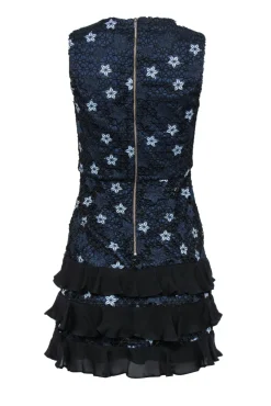 Parker - Navy, Light Blue & Black Star Lace Ruffled Sheath Dress Sz 0