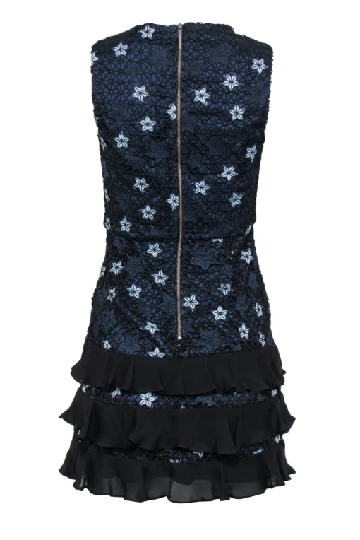 Parker - Navy, Light Blue & Black Star Lace Ruffled Sheath Dress Sz 0