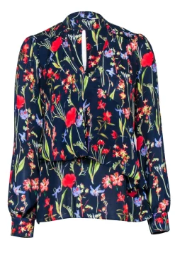 Parker - Navy w/ Red & Green Floral Print Choker Neck Blouse Sz S