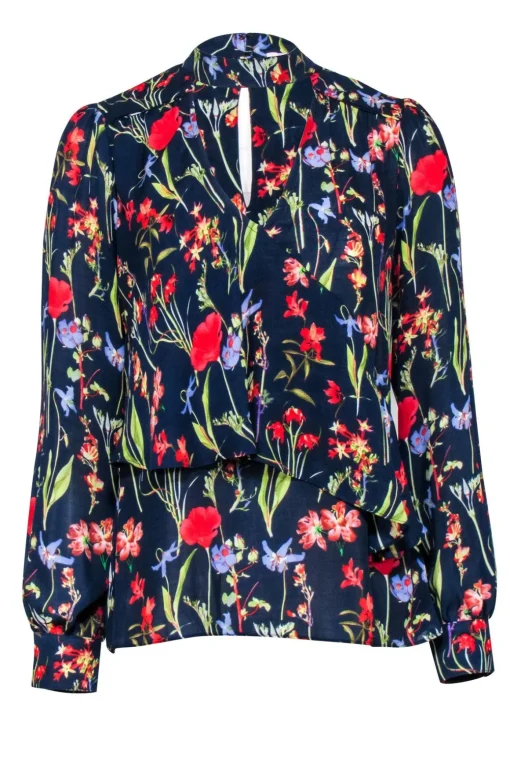 Parker - Navy w/ Red & Green Floral Print Choker Neck Blouse Sz S