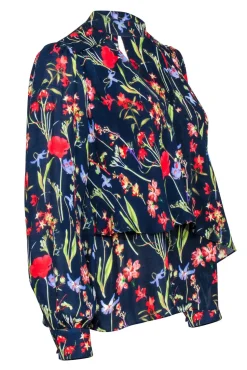 Parker - Navy w/ Red & Green Floral Print Choker Neck Blouse Sz S