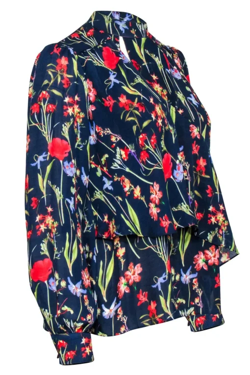 Parker - Navy w/ Red & Green Floral Print Choker Neck Blouse Sz S