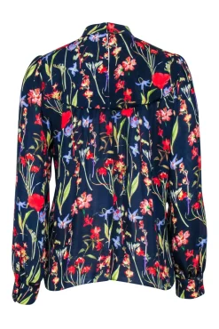 Parker - Navy w/ Red & Green Floral Print Choker Neck Blouse Sz S