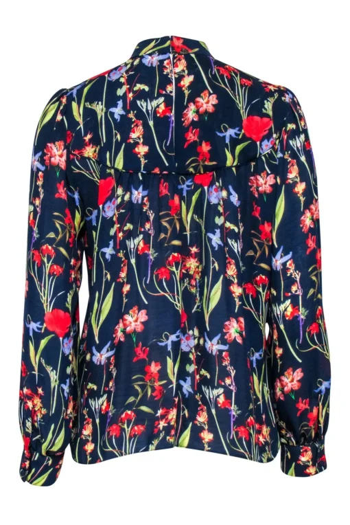 Parker - Navy w/ Red & Green Floral Print Choker Neck Blouse Sz S