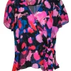 Parker - Pink, Red, & Blue Floral Print Silk Blend Faux Wrap Flutter Sleeve Blouse Sz L
