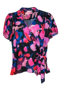 Parker - Pink, Red, & Blue Floral Print Silk Blend Faux Wrap Flutter Sleeve Blouse Sz L
