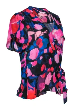 Parker - Pink, Red, & Blue Floral Print Silk Blend Faux Wrap Flutter Sleeve Blouse Sz L