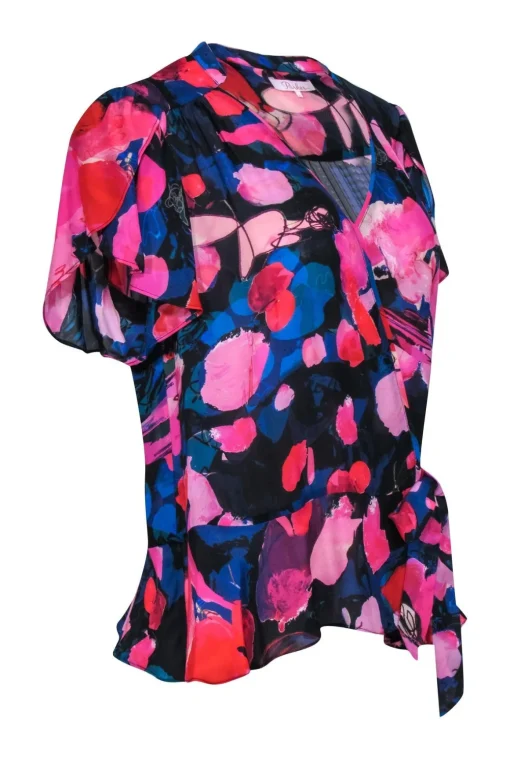 Parker - Pink, Red, & Blue Floral Print Silk Blend Faux Wrap Flutter Sleeve Blouse Sz L