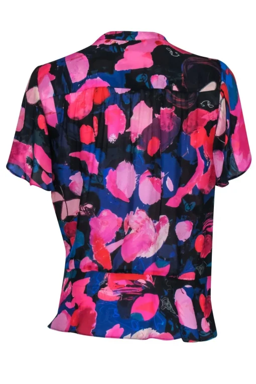 Parker - Pink, Red, & Blue Floral Print Silk Blend Faux Wrap Flutter Sleeve Blouse Sz L