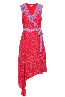 Parker - Red & Lilac Contracting Floral Print Silk Faux-Wrap Midi Dress w/ Ruffle Details & Asymmetrical Hemline Sz 2