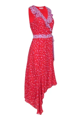 Parker - Red & Lilac Contracting Floral Print Silk Faux-Wrap Midi Dress w/ Ruffle Details & Asymmetrical Hemline Sz 2