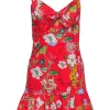 Parker - Red Floral Mini Dress w/ Tie Front & Flounce Hem Sz 0