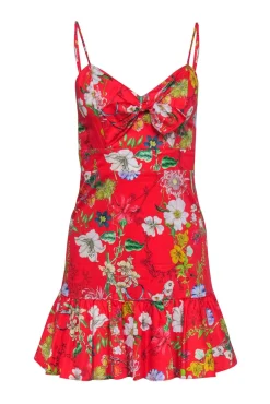 Parker - Red Floral Mini Dress w/ Tie Front & Flounce Hem Sz 0