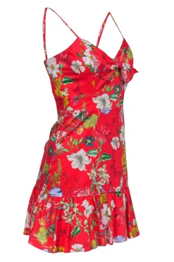 Parker - Red Floral Mini Dress w/ Tie Front & Flounce Hem Sz 0