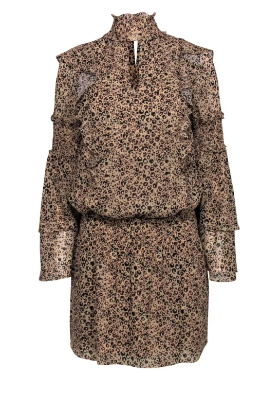 Parker - Tan Leopard Print Ruffle Fit & Flare Dress Sz XS