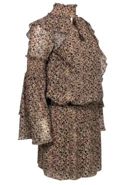 Parker - Tan Leopard Print Ruffle Fit & Flare Dress Sz XS
