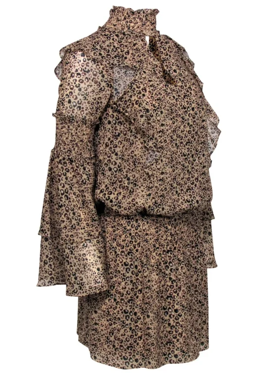 Parker - Tan Leopard Print Ruffle Fit & Flare Dress Sz XS