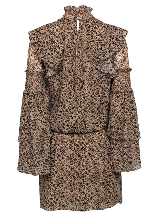 Parker - Tan Leopard Print Ruffle Fit & Flare Dress Sz XS