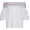 Parker - White Cotton Off-the-Shoulder Blouse w/ Rainbow Smock Stitching Sz XS