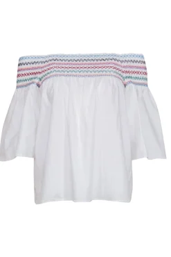 Parker - White Cotton Off-the-Shoulder Blouse w/ Rainbow Smock Stitching Sz XS