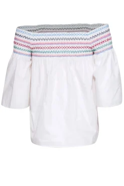 Parker - White Cotton Off-the-Shoulder Blouse w/ Rainbow Smock Stitching Sz XS