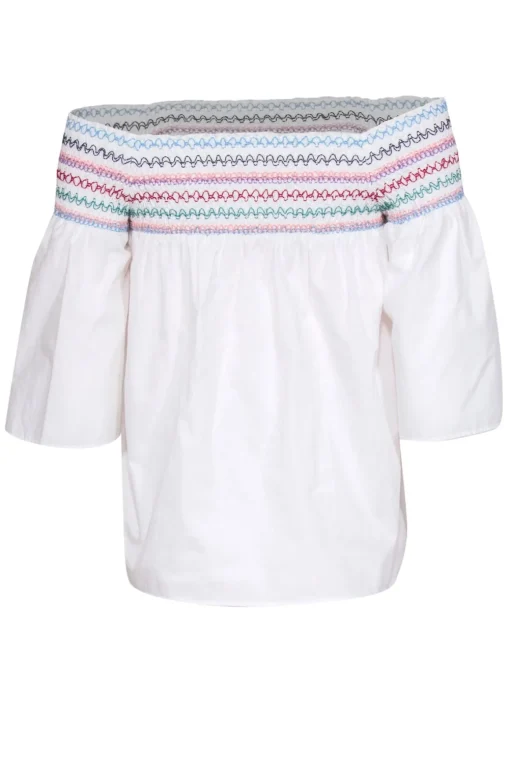 Parker - White Cotton Off-the-Shoulder Blouse w/ Rainbow Smock Stitching Sz XS