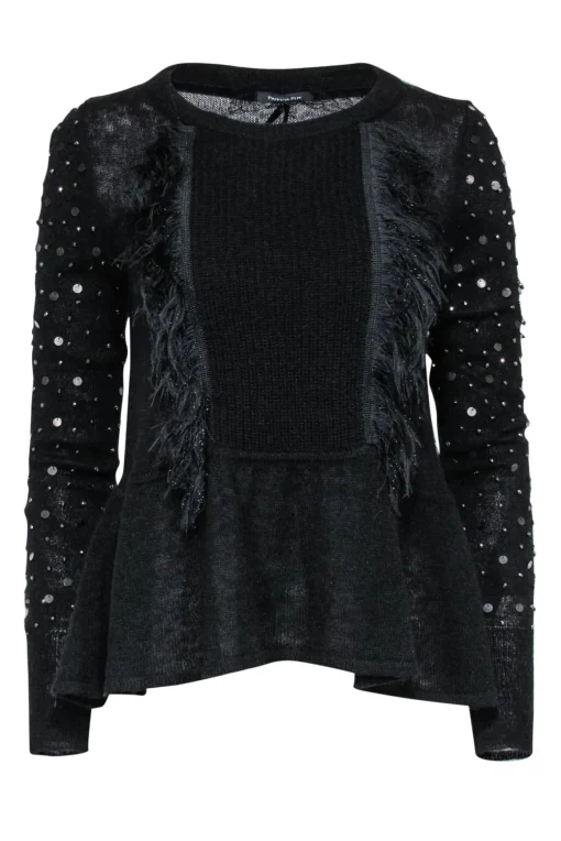 Patrizia Pepe - Black Wool Blend Sweater w/ Feathered, Beaded & Sequin Fringe Sz 2