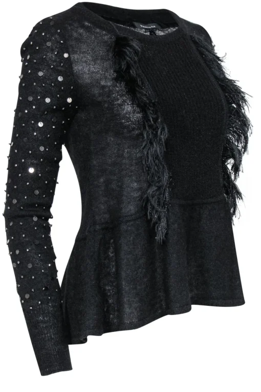 Patrizia Pepe - Black Wool Blend Sweater w/ Feathered, Beaded & Sequin Fringe Sz 2