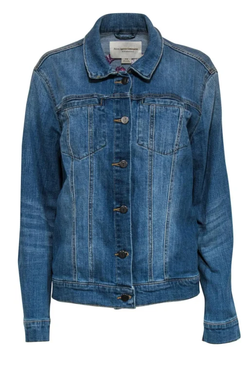 Pilcro and the Letterpress by Anthropologie - Blue Jean Floral Embroidered "Amore" Jacket Sz M