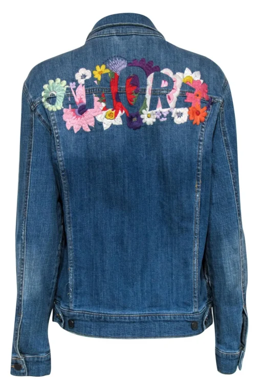Pilcro and the Letterpress by Anthropologie - Blue Jean Floral Embroidered "Amore" Jacket Sz M